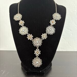 Silver Flower Necklace w Amber Turquoise Blue stones 18" Statement fashion